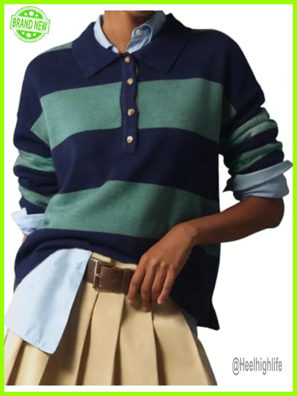 Striped Rugby Polo Sweater Collared V-Neck Button Front Pullover